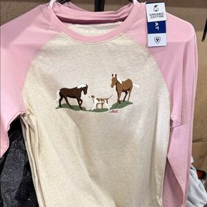 Ariat Kids' Pink and Cream Horse Print Long Sleeve Tee
